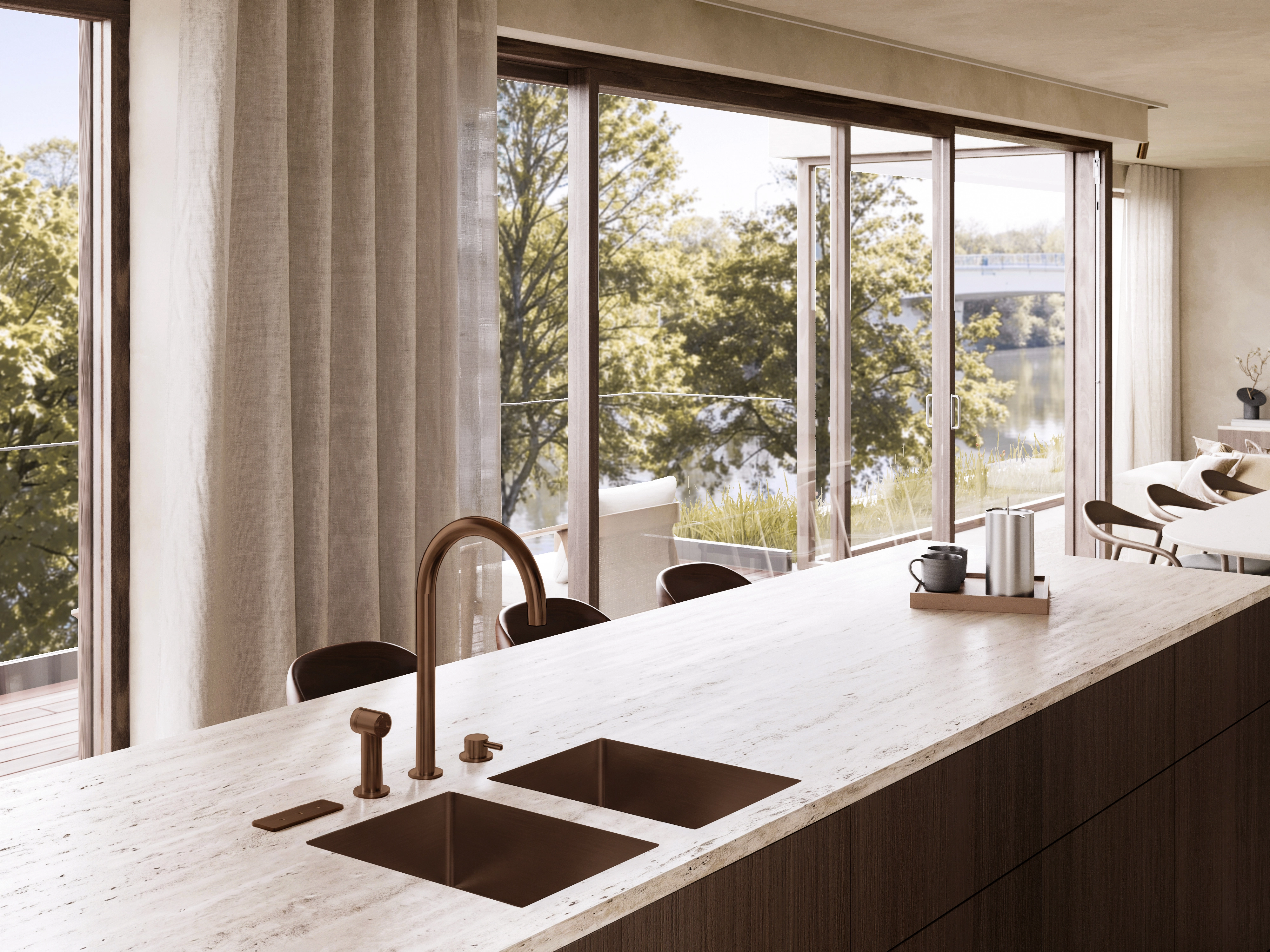 Keuken met zicht op het groen en water in woonproject Vaart