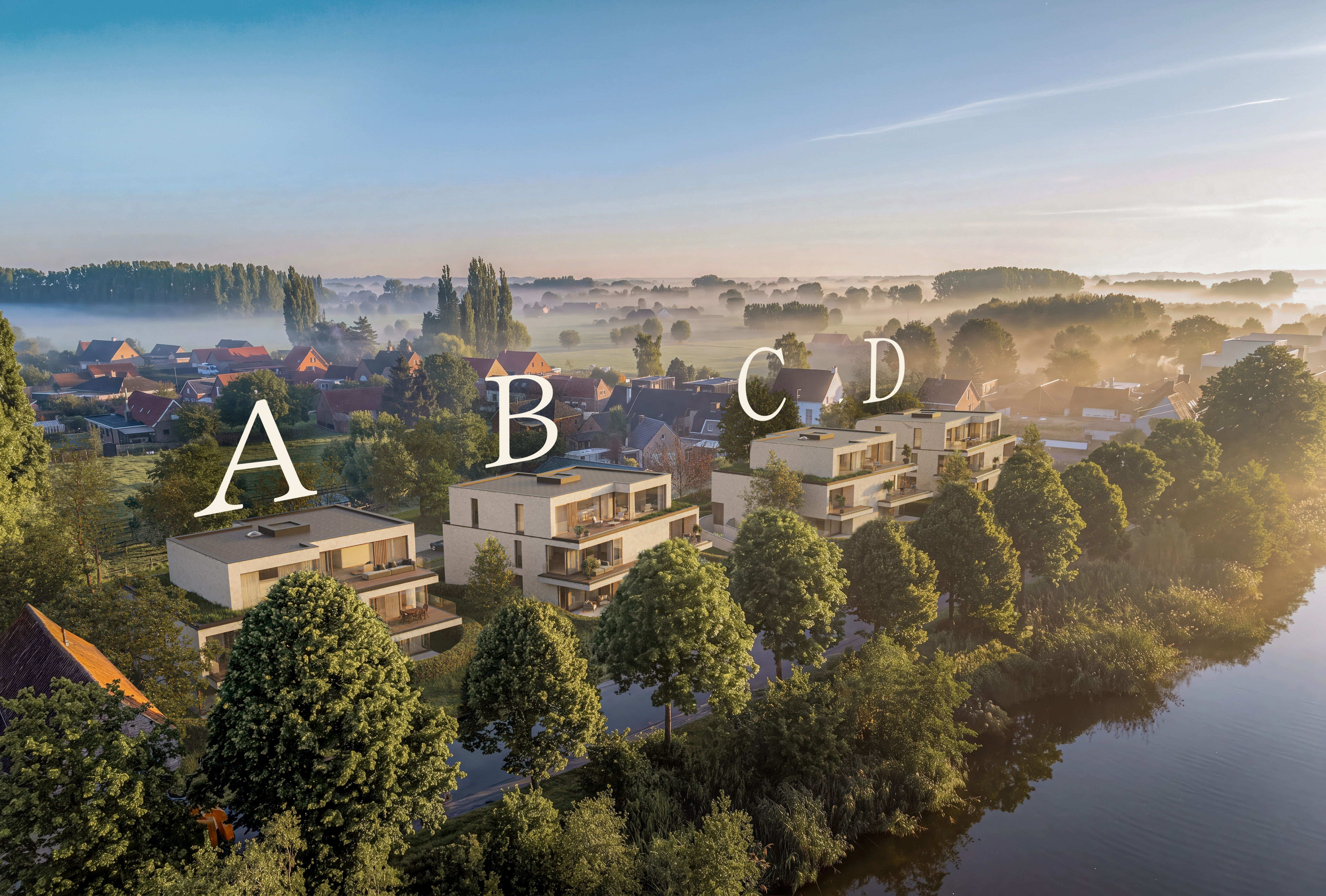 Luchtbeeld van woonproject Vaart met gebouwen A, B, C en D