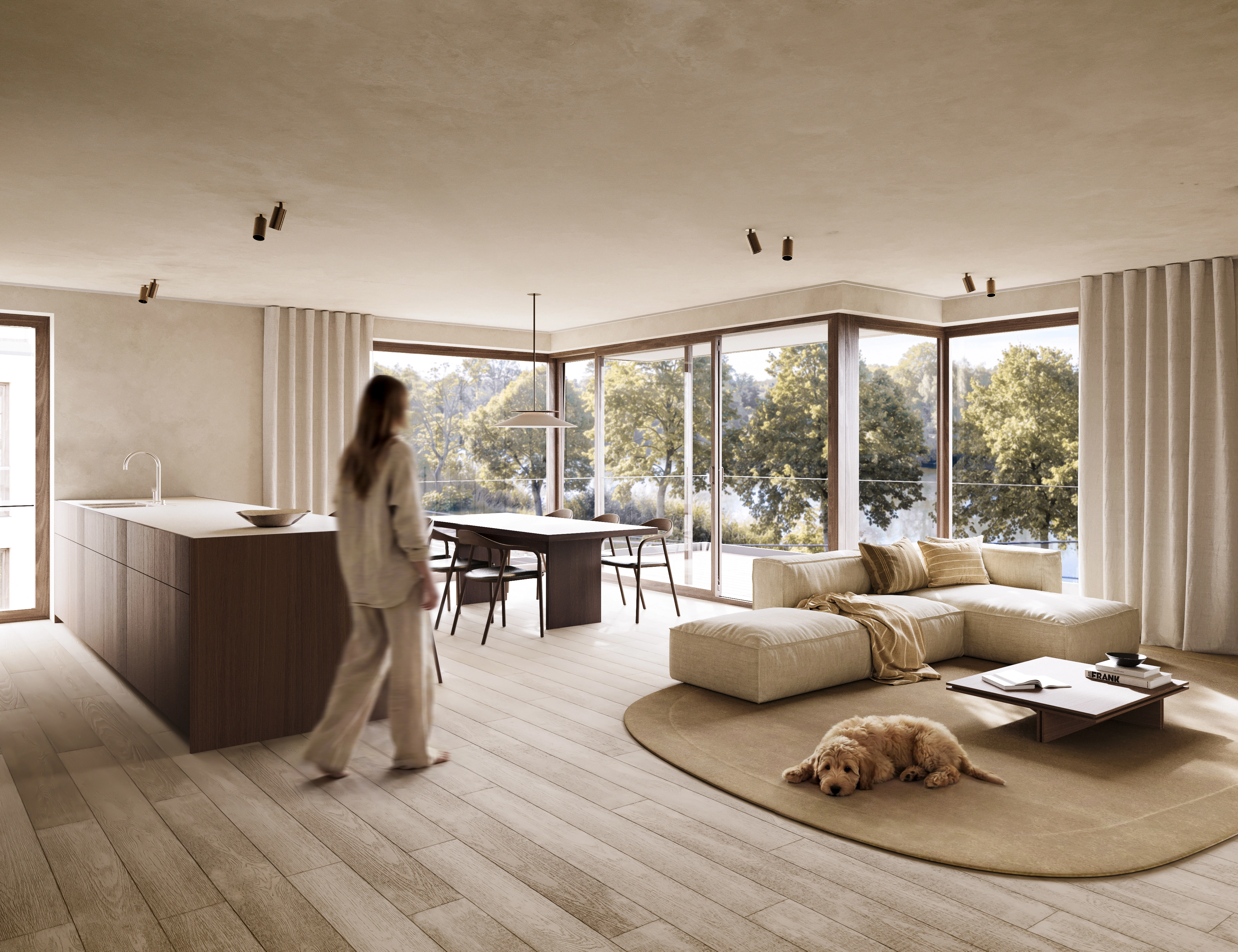 Leefruimte met vrouw en hond in woonproject Vaart