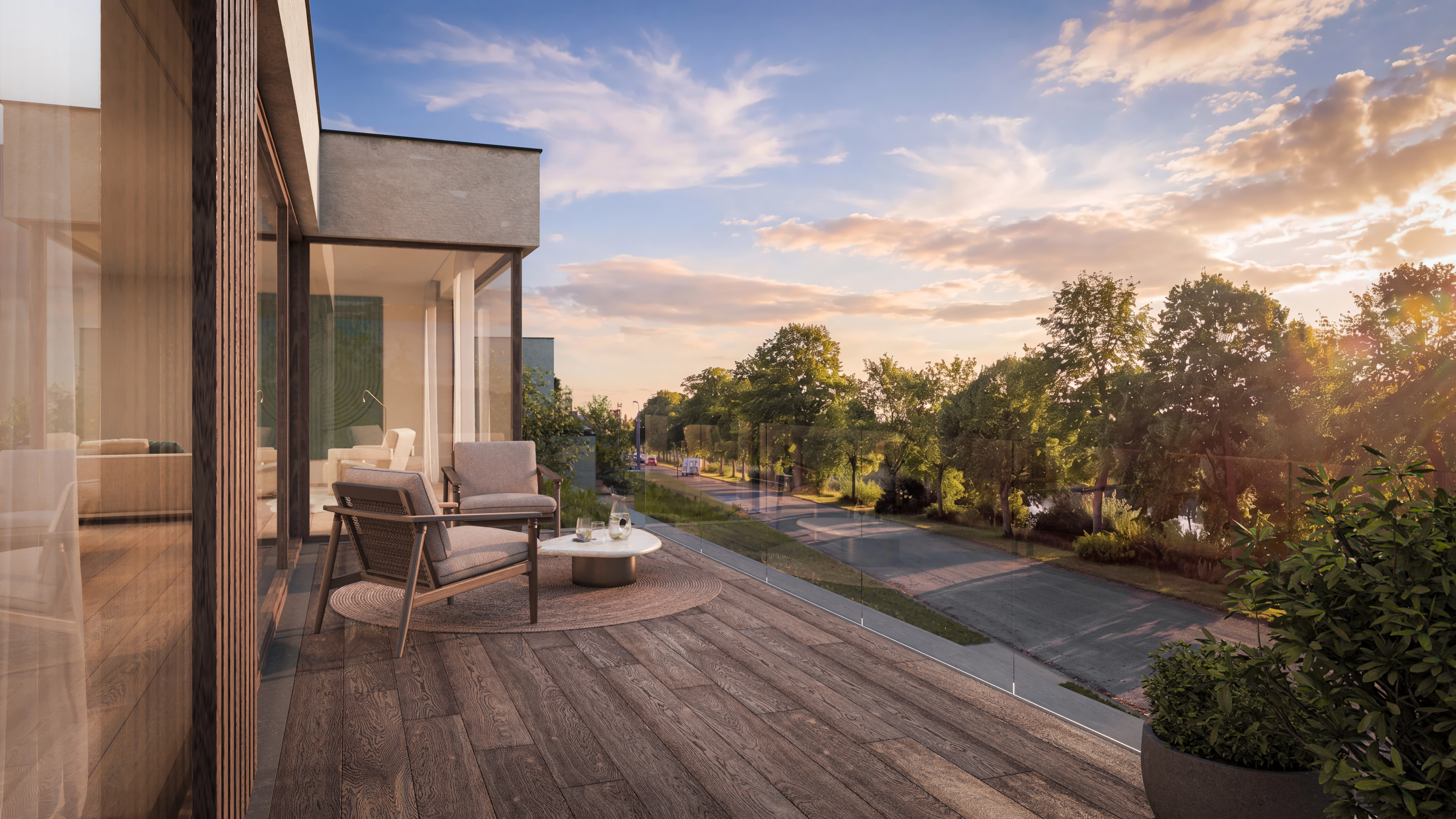 Zuidgericht terras van woonproject Vaart in Bellem